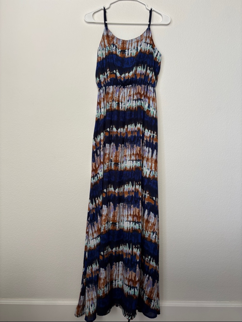 Navy and Brown Tie-Dye Spaghetti-Strap Maxi Dress Bow Detail on back Flowy